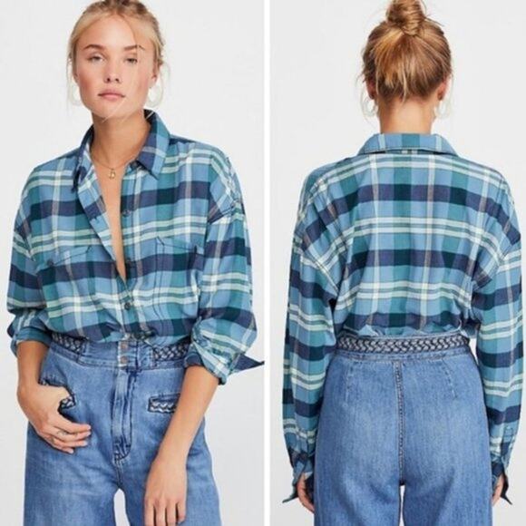 FREE PEOPLE NWT Button Up Plaid Blue Blouse Top Shirt – Small - Picture 2 of 15